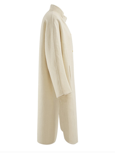 [EAM] Beige Double Breasted Big Size Woolen Coat New Stand Collar Long Sleeve Women Jacket Fashion Autumn Winter 2024 CPG2165