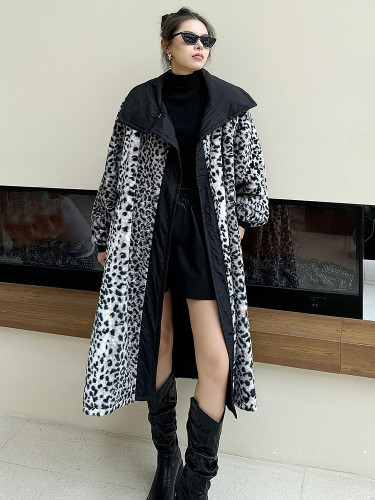 [EAM] Leopard Print Thick Big Size Warm Long Jacket New Lapel Long Sleeve Women Coat Fashion Tide Autumn Winter 2024  1DH7584