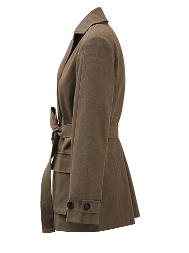 [EAM] Women Khaki Single Breasted Belted Pocket Elegant Blazer New Lapel Long Sleeve Jacket Fashion Spring Autumn 2024 CPDB212