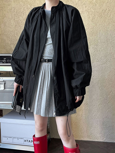 [EAM] Black Drawstring Big Size Long Jacket New Stand Collar Long Sleeve Women Coat Fashion Tide Spring Autumn 2024 1DH7603