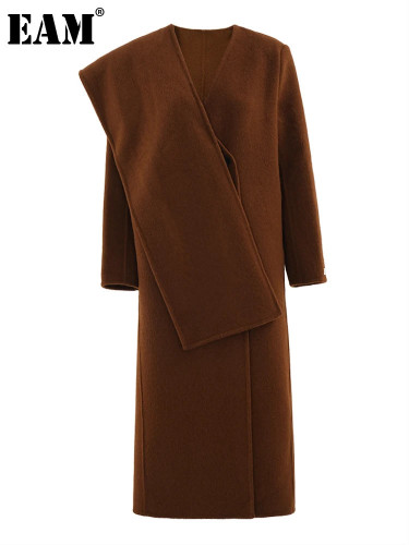 [EAM] Brown Big Size With Scarf Elegant Woolen Coat New V-neck Long Sleeve Women Jacket Fashion Tide Autumn Winter 2024  CPG2162