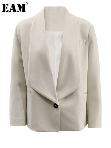 [EAM] Women Beige Single Button Pleated Big Size Short Blazer New Lapel Long Sleeve Jacket Fashion Tide Spring Autumn 2024 Beige