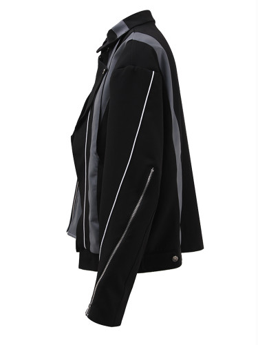 [EAM] Black Color-block Zipper Big Size Casual Jacket New Lapel Long Sleeve Women Coat Fashion Tide Spring Autumn 2024 CPG1637
