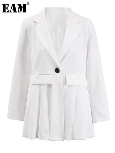 [EAM] Women White Pleated Buckle Casual Blazer Loose New Lapel Long Sleeve Jacket Fashion Tide Spring Autumn 2024 2DA3933