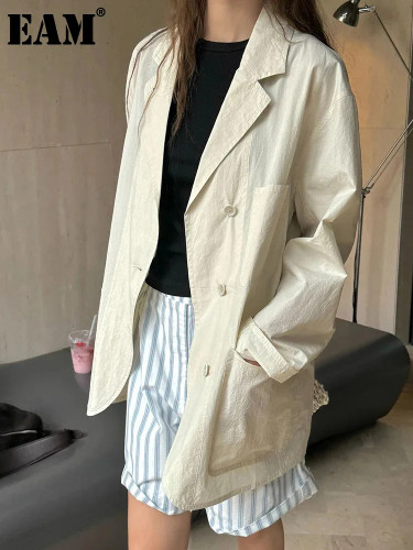 [EAM] Women Apricot Thin Cotton Big Size Elegant Blazer New Lapel Long Sleeve Jacket Fashion Tide Spring Autumn 2024 1DH6127
