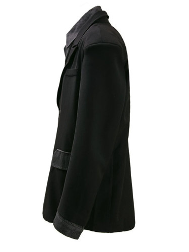 [EAM] Women Black Denim Spliced Big Size Casual Blazer New Lapel Long Sleeve Jacket Fashion Tide Spring Summer 2024 Black
