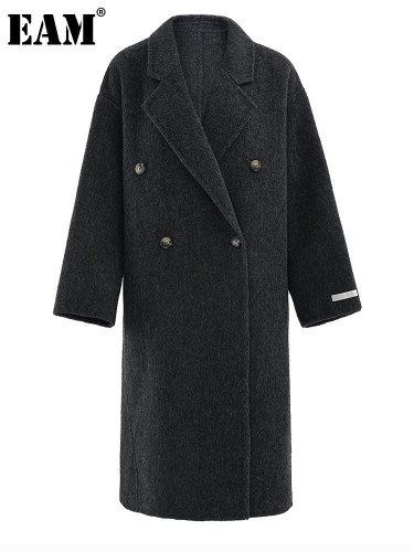 [EAM] Black Double Breasted Big Size Woolen Coat New Lapel Long Sleeve Women Jacket Fashion Tide Autumn Winter 2024 CPG2160