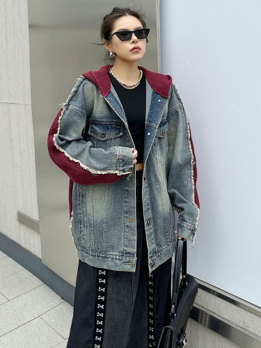[EAM] Red Color-block Denim Big Size Thick Jacket New Hooded Long Sleeve Women Coat Fashion Tide Spring Autumn 2024 1DH75860