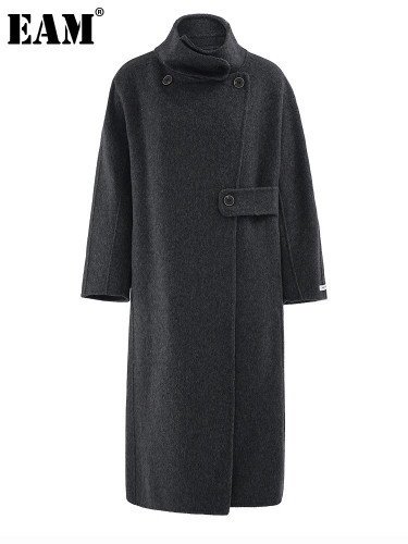 [EAM] Dark Gray Big Size Thick Long Woolen Coat New Stand Collar Long Sleeve Women Jacket Fashion Autumn Winter 2024 CPG2161