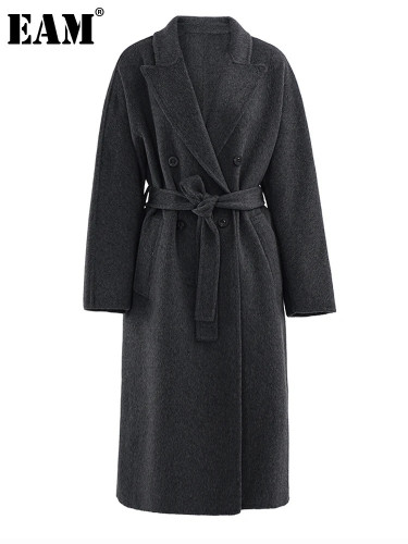 [EAM] Gray Big Size Long Double Breasted Woolen Coat New Lapel Long Sleeve Women Jacket Fashion Tide Autumn Winter 2024 CPG2164