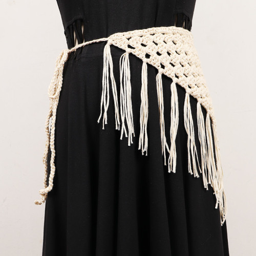 [EAM] Apricot Knitted Tassels Irregular Long Wide Belt Personality Women New Fashion Tide All-match Spring Autumn 2024 1DH7006