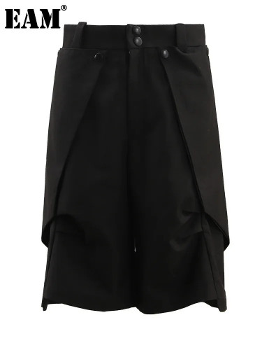 [EAM] High Elastic Waist Black Irregular Button Knee Length Pants New Trousers Women Fashion Tide Spring Summer 2024 CPG1581