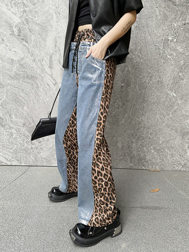 [EAM] High Waist Grey Leopard Printed Denim Long Wide Leg Jeans New Women Trousers Fashion Tide Spring Autumn 2024  1DH7587