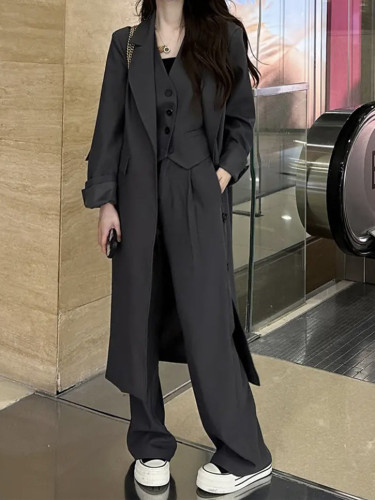 {EAM} Office Lady Long Blazer Women Long Single Breasted Solid Color Fashion Clothing Three Pieces 2024 Autumn New 25A8345