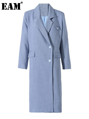 [EAM] Women Blue Big Size Long Elegant Blazer New Lapel Long Sleeve Loose Fit Jacket Fashion Tide Spring Autumn 2024 2AAA0
