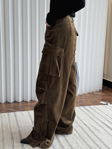 [EAM] High Waist Green Pockets Corduroy Long Vintage Thick Pants New Trousers Women Fashion Tide Autumn Winter 2024 1DH7616