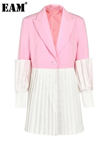 [EAM] Women pink Color Pleated Color-block Blazer New Lapel Long Sleeve Loose Fit Jacket Fashion Tide Spring Autumn 2024 7AB008