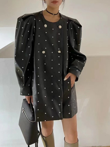 {EAM} Polka Dot PU Leather Women's Coat 2023 Spring Autumn Loose Designer Temperament Double Breasted Jacket Female