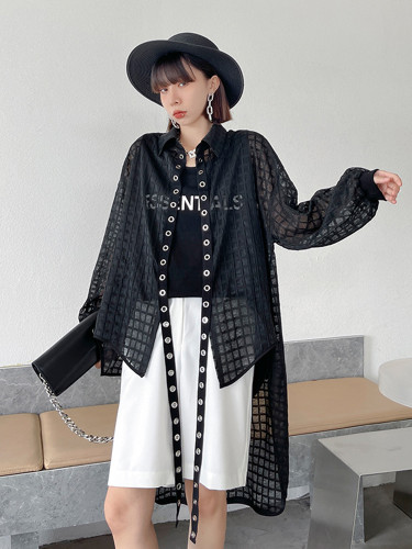 [EAM] Loose Fit Black Mesh Irregular Ribbon Big Size Jacket New Lapel Long Sleeve Women Coat Fashion Spring Autumn 2024 1DE9702