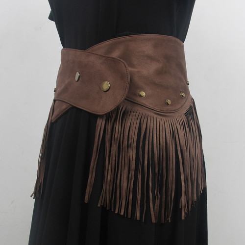 [EAM] Coffee Irregular Corss Tassels Vintage Long Belt Personality Women New Fashion Tide All-match Spring Autumn 2024 1DH6736