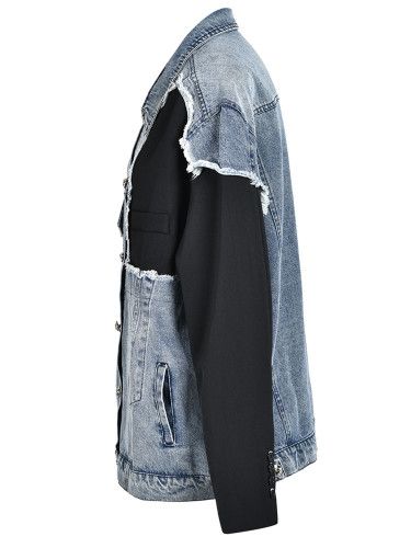 [EAM] Loose Fit Blue Denim Burr Big Size Casual Jacket New Lapel Long Sleeve Women Coat Fashion Tide Spring Autumn 2024 CP2143