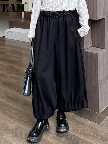 [EAM] High Elastic Waist Coffee Pleated Brief Long Wide Leg Pants New Trousers Women Fashion Tide Spring Autumn 2024  1DH7594