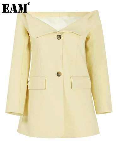 [EAM] Women Yellow Single Breasted Elegant Long Blazer New Slash Neck Long Sleeve Jacket Fashion Tide Spring Autumn 2024 CPDB021