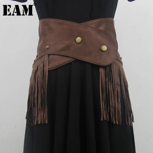 [EAM] Coffee Irregular Corss Tassels Vintage Long Belt Personality Women New Fashion Tide All-match Spring Autumn 2024 1DH6736