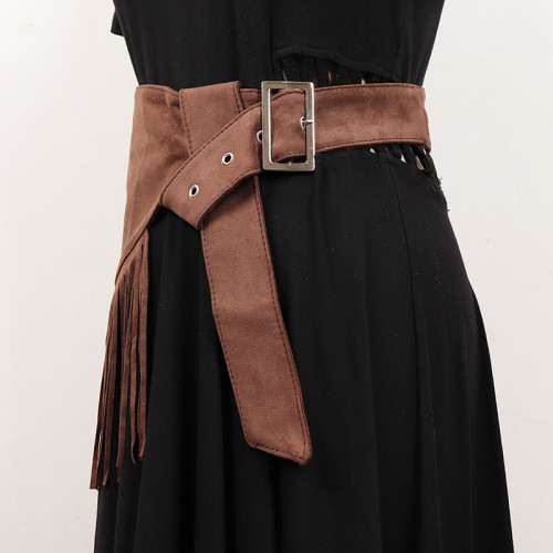[EAM] Coffee Metal Buckle Tassels Irregular Long Wide Belt Personality Women New Fashion All-match Spring Autumn 2024 1DH7003