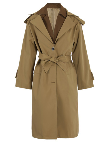 [EAM] Women Khaki Color-block Belted Big Size Trench New Lapel Long Sleeve Windbreaker Fashion Tide Spring Autumn 2024 1DE6476