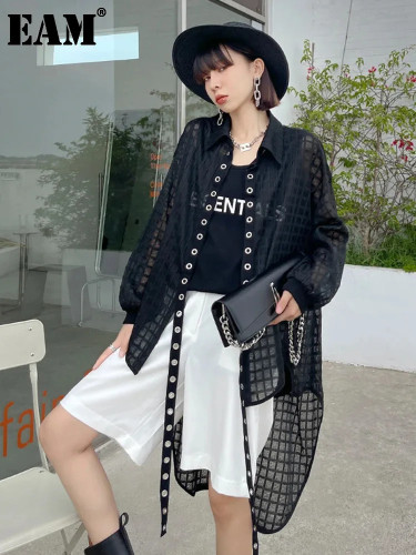 [EAM] Loose Fit Black Mesh Irregular Ribbon Big Size Jacket New Lapel Long Sleeve Women Coat Fashion Spring Autumn 2024 1DE9702
