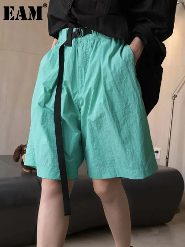 [EAM] High Elastic Waist Green Bukcle Pocket Knee Length Pants New Trousers Women Fashion Tide Spring Summer 2024 1DH6226