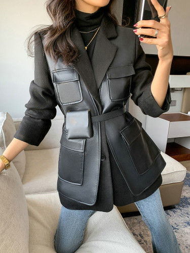 {EAM} Fashion PU Leather Designer Blazer For Women Coat 2024 New Tide Belt Waist Retraction Temperament Office Lady Jacket Female