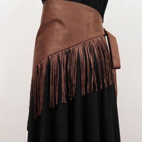 [EAM] Coffee Irregular Tassels Long Wide Badnage Belt Personality Women New Fashion Tide All-match Spring Autumn 2024 1DH7004