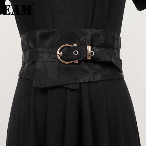 [EAM] Black Metal Buckle Irregular Long Wide Belt Personality Women New Fashion Tide All-match Spring Autumn 2024 1DH7005