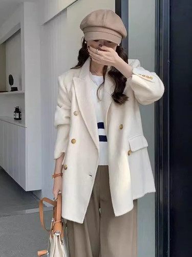 {EAM} Office Lady Woolen Blazer Women's Notched Double Breasted Solid Color Versatile Coats 202 4 Autumn New Clothing 25A8984