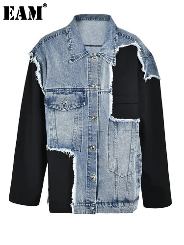[EAM] Loose Fit Blue Denim Burr Big Size Casual Jacket New Lapel Long Sleeve Women Coat Fashion Tide Spring Autumn 2024 CP2143