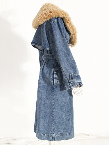 [EAM] Women Denim Detachable Fur Collar Big Size Trench New Lapel Long Sleeve Windbreaker Fashion Spring Autumn 2024 LM104005
