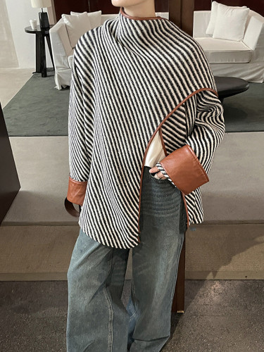 {EAM} Black White Striped Wool Shawl Jacket Women 2024 Autumn Winter Loose Fashion New Designer Woolen Coat Female Trend 25X3317