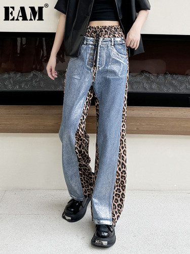 [EAM] High Waist Grey Leopard Printed Denim Long Wide Leg Jeans New Women Trousers Fashion Tide Spring Autumn 2024  1DH7587