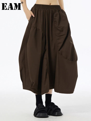 [EAM] High Elastic Waist Coffee Irregular Pleated Casual Midi Half-body Skirt Women Fashion Tide New Spring Autumn 2024 1DH6613
