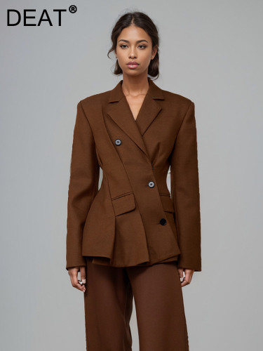 DEAT Fashion Women's Blazer Notched Collar Long Sleeve Diagonal Single Breasted Folds Waist Suit Jacket Spring 2024 New 7AB1120
