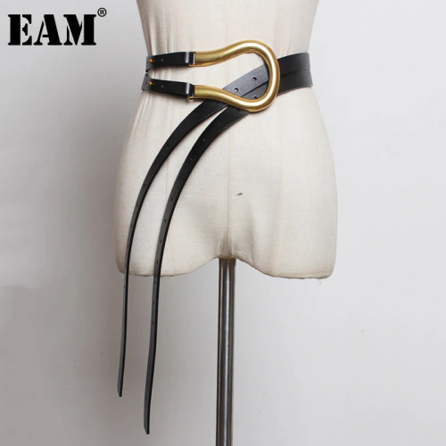 [EAM] Pu Leather Black Buckle Long Irregular Wide Belt Personality Women New Fashion Tide All-match Spring Autumn 2024 1DH6487