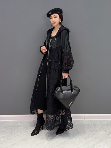 {EAM} Woman Hollow Out Printing Hooded Trench Coat Loose Zipper Cardigan Black Coat Outerwear Clothes 2024 Spring 5R1164