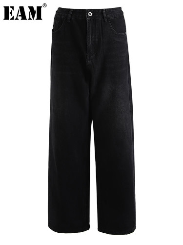 [EAM] High Waist Dark Gray Pocket Buckle Casual Wide Leg Jeans New Women Trousers Fashion Tide Spring Autumn 2024 9A5577