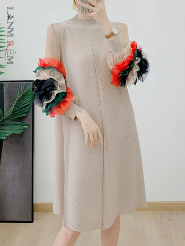 LANMREM Fashion Designer Pleated Dress Women Loose Contrast Color Sleeves Patchwork Design Mid Length Dresses 2024 New 2AA4368