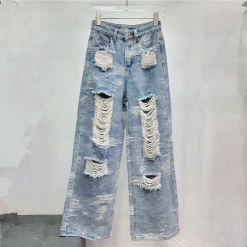 {EAM} High Waist Blue Washed Wide Leg Ripped Jeans for Women 2024 Summer New Casual Draping Mopping Ripped Baggy Denim Pants DLZ047