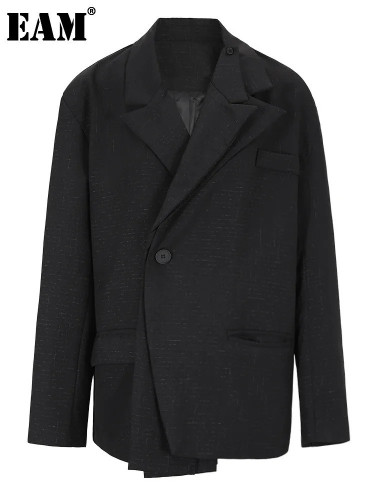 [EAM] Women Black Double Layers Irregular Big Size Blazer New Lapel Long Sleeve Jacket Fashion Tide Spring Autumn 2024 CPG0593