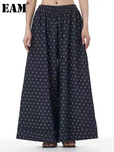 [EAM] High Elastic Waist Black Dot Printed Denim Burr Wide Leg Pants New Trousers Women Fashion Tide Spring Autumn 2024 1DH7569