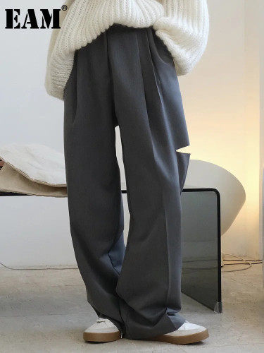 [EAM] High Waist Black Hollow Out PleatedCasual Pants New Loose Fit Trousers Women Fashion Tide Spring Autumn 2024 1DF4461